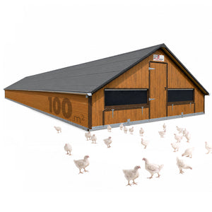 Masthähnchenstall 100 m² – Stall für Masthühner, graues Dach, Holzwand, optionales Zubehör