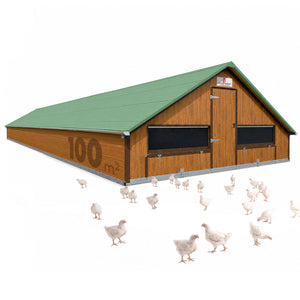 Masthähnchenstall 100 m² – Stall für Masthühner, grünes Dach, Holzwand, optionales Zubehör