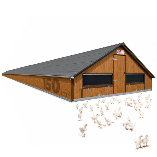 Masthähnchenstall 150 m² – Stall für Masthühner, graues Dach, Holzwand, optionales Zubehör