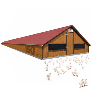 Masthähnchenstall 150 m² – Stall für Masthühner, rotes Dach, Holzwand, optionales Zubehör