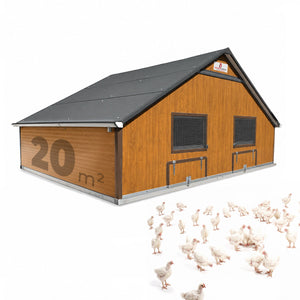 Masthähnchenstall 20 m² – Stall für Masthühner, graues Dach, Holzwand, optionales Zubehör