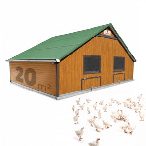 Masthähnchenstall 20 m² – Stall für Masthühner, grünes Dach, Holzwand, optionales Zubehör