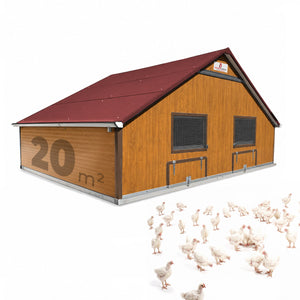 Masthähnchenstall 20 m² – Stall für Masthühner, rotes Dach, Holzwand, optionales Zubehör