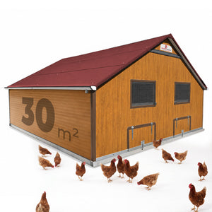 Geflügelstall 30 m² – Hühnerstall für Freilandhaltung, rotes Dach, Holzwand, optionales Zubehör