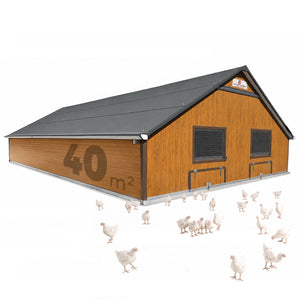 Masthähnchenstall 40 m² – Stall für Masthühner, graues Dach, Holzwand, optionales Zubehör