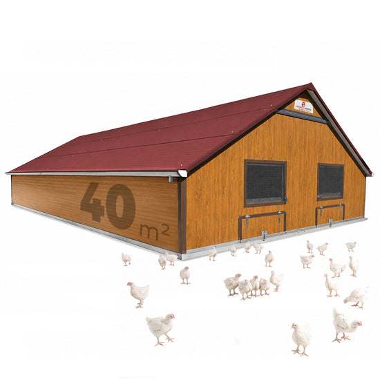 Masthähnchenstall 40 m² – Stall für Masthühner, rotes Dach, Holzwand, optionales Zubehör