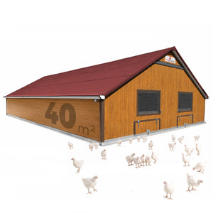Masthähnchenstall 40 m² – Stall für Masthühner, rotes Dach, Holzwand, optionales Zubehör