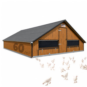 Masthähnchenstall 60 m² – Stall für Masthühner, graues Dach, Holzwand, optionales Zubehör