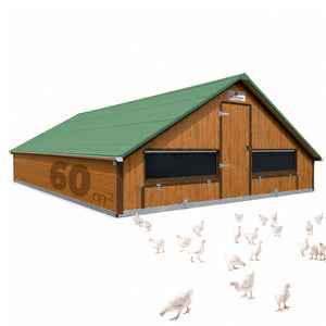 Masthähnchenstall 60 m² – Stall für Masthühner, grünes Dach, Holzwand, optionales Zubehör