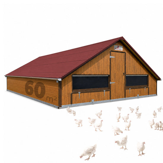 Masthähnchenstall 60 m² – Stall für Masthühner, rotes Dach, Holzwand, optionales Zubehör