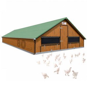 Masthähnchenstall 80 m² – Stall für Masthühner, grünes Dach, Holzwand, optionales Zubehör