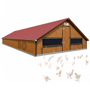 Masthähnchenstall 80 m² – Stall für Masthühner, rotes Dach, Holzwand, optionales Zubehör